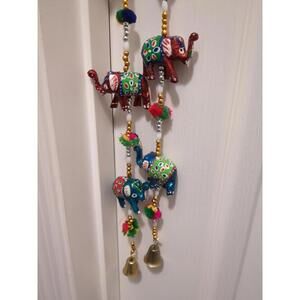 India Ganesha Elephant Bell Door Wall Hanging 40" Folk Art Indian Hand Painted